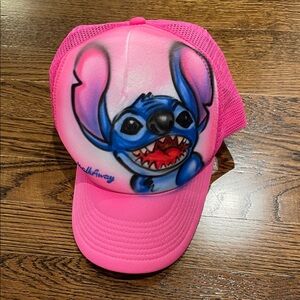 Pink Trucker Hat with Blue Cartoon Character (Stitch)